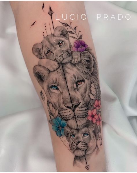 Half Lioness Tattoo For Women, Lioness And Her Cubs Tattoo, Animal Tattoo Ideas Female, Mom Animal Tattoo, Family Tattoo Ideas For Women Unique, Lion Leg Tattoo Female, Mother And Sons Tattoo, Mother Bird Tattoo, Tattoo Lion Family