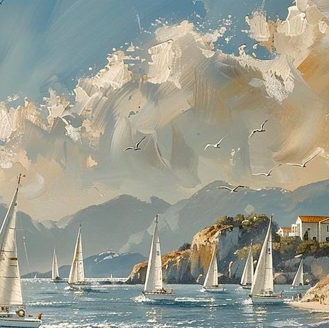 Sailing Ships Art, Sailing Boat Painting, Boat On The Ocean, Sailboat Painting, Boat Painting, Sea Art, Plein Air Paintings, Dreamy Art, Painting Art Projects