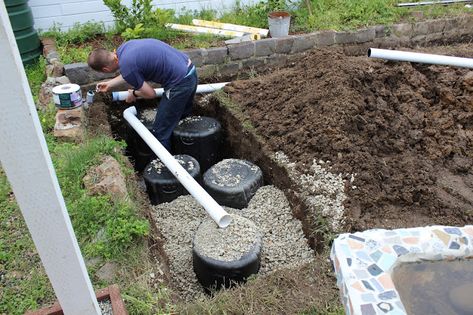 Putting our Dry Well Together Dry Well Drainage, Driveway Drainage, Yard Drain, Gutter Drainage, French Drains, Backyard String Lights, Backyard Birds Sanctuary, Backyard Drainage, Green Backyard