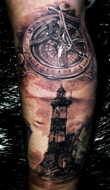 by Iwan Yughttps://inkfreakz.com/users/ivan-yughttp://www.tattooartproject.com/tattoo-artists/iwan-yug/http://instagram.com/iwan_yug/ Sextant Tattoo, Lighthouse Tattoos, Clock Tattoos, Nautical Tattoo Sleeve, Lighthouse Tattoo, Nautical Tattoo, Cool Tattoos For Guys, Clock Tattoo, Architecture Tattoo