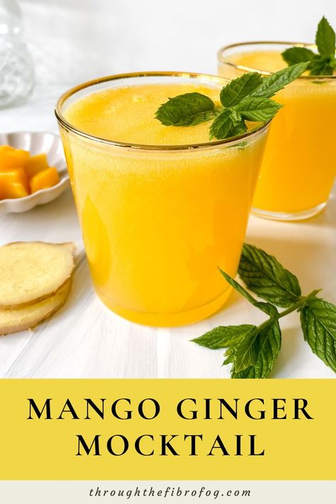 labelled mango ginger mocktail in two glasses next to mint leaves, ginger and a small bowl of mango. Ginger Mocktail, Drink For Summer, Turmeric Juice, Mango Drinks, Fibro Fog, Low Histamine Diet, Summer Drinks Alcohol, Brunch Drinks, Pear Smoothie