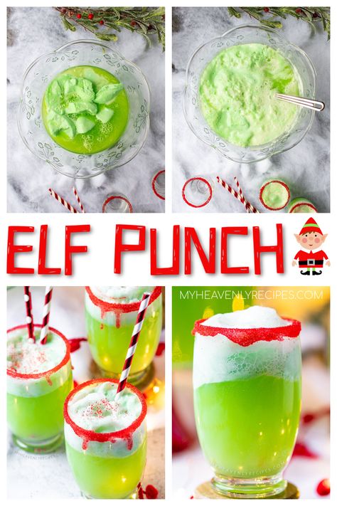 Elf Punch - A lime sherbert punch for a christmas party! Best Christmas punch recipe for a crowd. Green and red drinks! The cups look like elves! Buddy the elf punch! Kids love this and it's a delicious sherbert recipe. Christmas Party Recipes For A Crowd, Christmas Punch Recipes With Sherbert, Christmas Punch Sherbert, Kids Christmas Punch Recipes, Christmas Drink For Kids, Green Christmas Punch, Green Sherbert Punch, Elf Themed Food, Punch For Kids Party