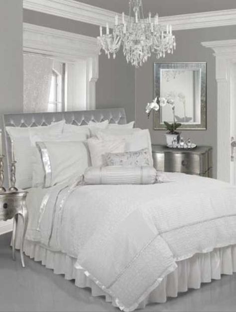 14 Silver Bedroom Designs For Royal Look In The Home Silver Bedroom Furniture, Black And Silver Bedroom, White And Silver Bedroom, Silver Bedroom, White Bedroom Design, White Bed, White Bedroom Furniture, Christmas Bedroom, Creative Home Decor