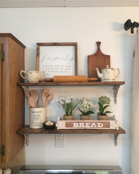 We added some DIY shelves over our new gas range! There was a 1980s wall oven unit here before 😎 This is part of our short term kitchen… Over The Sink Wall Decor Kitchen, Shelves Over Oven, Wall Shelf Over Stove, Over The Oven Shelf, Shelves Above Oven, Above Oven Shelf, Above Oven Decor, Decor Above Stove, Shelves Above Stove