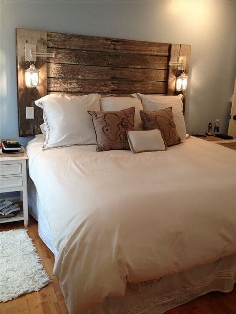 20 Cool Bedroom Headboard Alternatives - 138 Diy Wood Headboard, Rustic Farmhouse Bedroom, Headboard Ideas, Rustic Headboard, Phone Chargers, Wood Headboard, Couple Bedroom, Trendy Bedroom, Wood Bedroom