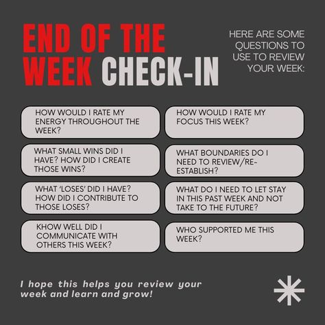 Time for your end of the week check-in. Take 5-10 minutes to review your week and ask yourself some of these questions to keep learning and growing. Feel free to share your responses in the comments below! #aperformancemindset #grow #endoftheweek #weeklycheckin #growth End Of The Week Check In, Sport Psychology, Learning And Growing, Sports Psychology, Keep Learning, End Of The Week, Instagram Time, Some Questions, Ask Yourself