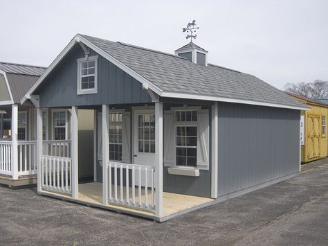 Porch Patio Shed · Recreation Unlimited Shed Business, Patio Shed, Amish Cabins, Micro Living, Shed With Porch, Writing Room, Custom Sheds, Shed Home, Wooden Garage