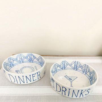 Dinner And Drinks Dog Bowl, Cool Dog Bowls, Cute Pet Food Bowls, Dog Bowls Ceramic Handmade, Hand Painted Dog Bowls, Cat Bowl Aesthetic, Pairs Of Things, Chic Dog Accessories, Blue Dog Accessories