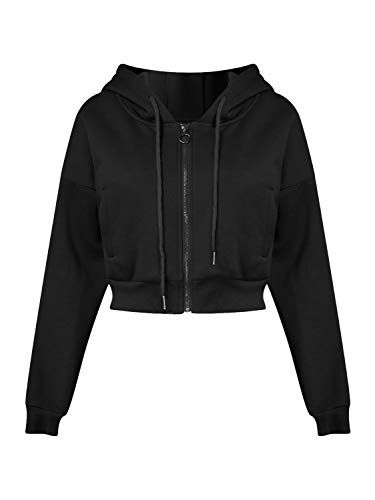 Joeoy Women's Black Drawstring Zip up Fleece Hoodie Coat Jacket Crop Top-S Jacket Crop, Fotografi Digital, Fashion Hoodies, Hoodie Coat, Winter Outfits Women, Mode Inspiration, Dream Clothes, Teen Fashion Outfits, Cropped Hoodie