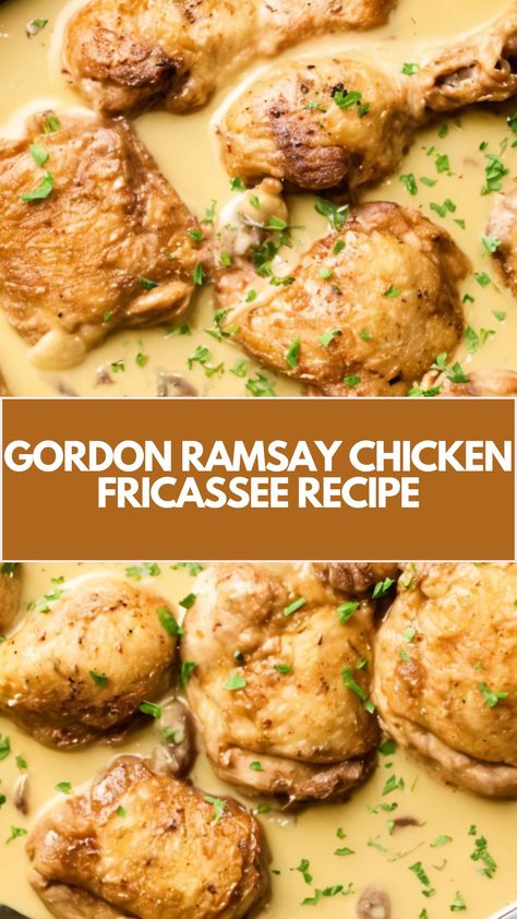 This delicious and creamy Chicken Fricassee recipe, inspired by Gordon Ramsay, is a simple yet comforting meal perfect for any occasion. It’s quick to prepare, with tender chicken simmered in a rich, flavorful sauce. Using common ingredients, you can easily make this dish your own—perfect for a cozy, satisfying dinner. Gordon Ramsay Appetizers, Gordon Blue Chicken Recipe, International Chicken Recipes, Chicken Francaise Recipe Easy, Fricasse Chicken, Chicken Fricassee Recipe, Fricassee Chicken, Gordon Ramsay Chicken, Chicken Francaise Recipe