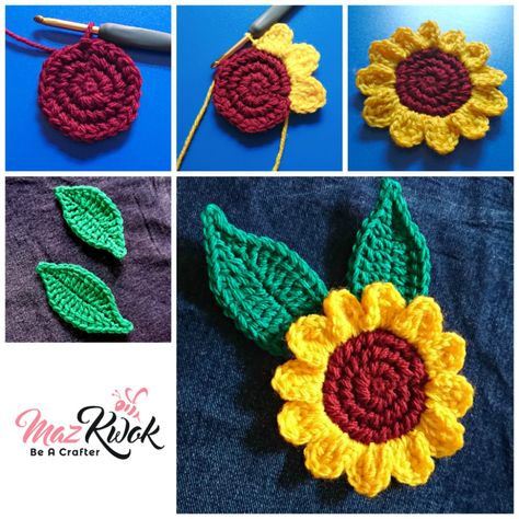 Sunflower Crochet, Penanda Buku, Summer Sunflower, شال كروشيه, Crocheted Flowers, Pola Amigurumi, Crochet Leaves, Crochet Sunflower, Crochet Flower Tutorial