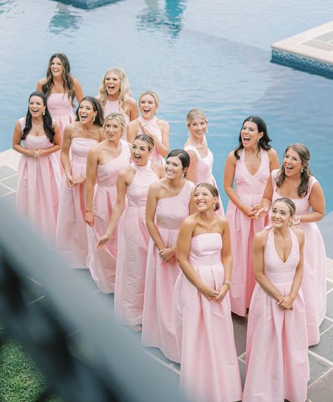 Pale Pink Bridal Party, Powder Pink Bridesmaid Dresses, Pink Spring Wedding Theme, Pink And Green Bridesmaid Dresses, 13 Bridesmaids, Pink Bridal Party Dresses, Pink Bridesmaid Dresses Summer, Pink Dress Bridesmaid, Pink Bridesmaid Dresses Mismatched