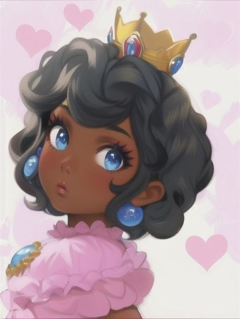 Chibi Black Woman, Kawaii Dark Academia, Black Princess Peach Fanart, Black Peach Mario, Black Princess Peach Pfp, Black Princess Daisy, Pink Poc Pfp, Princess Peach Black, Black Princess Peach