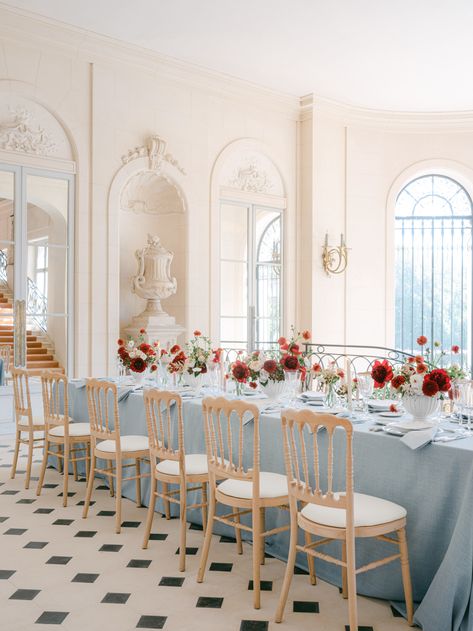 French Chateau Wedding Decor, Blue And Red Wedding, France Castle Wedding, French Chateau Wedding Ceremony, Fairytale Vibes, French Garden Wedding, Blue Wedding Decor, France Wedding Venues French Chateau, Old Chapel