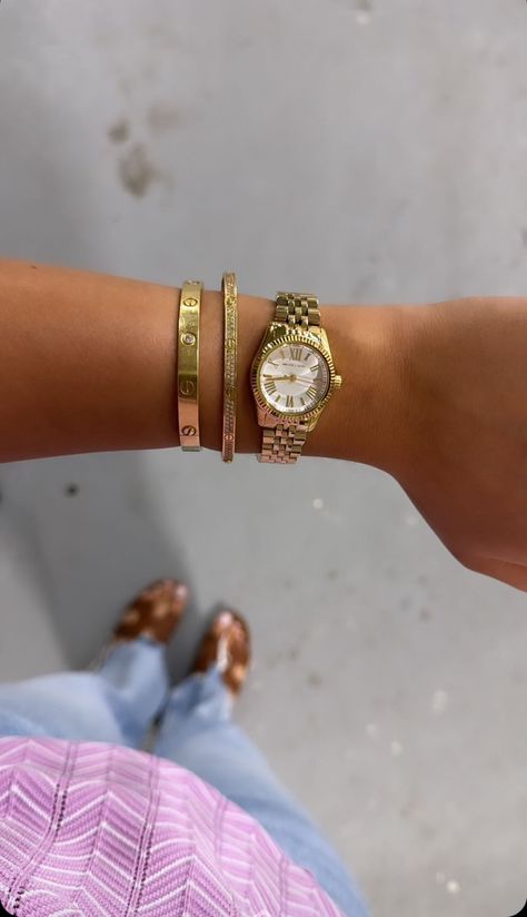 Wrist Jewelry Stack, Gold Watch Bracelet Stack, Gold Wrist Stack, Gold Bracelet Stack With Watch, Gold Stack Bracelets, Every Day Jewelry, Gold Jewellery Stack, Gold Bracelet Stack Classy, Watch Stacked With Bracelets