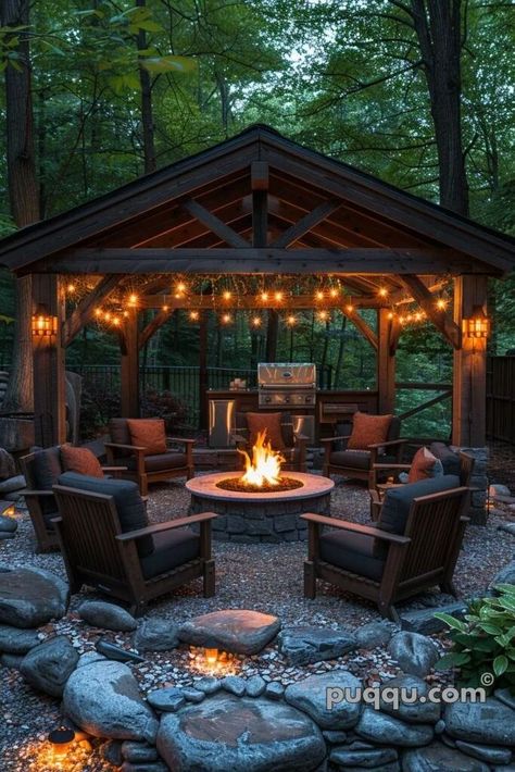 Covered Fire Pit Area Gazebo, Outdoor Fire Pit Area, Gazebo With Fire Pit, Fire Pit Lighting, Backyard Fireplace, Cozy Backyard, Fire Pit Area, Backyard Fire, Outdoor Entertaining Area