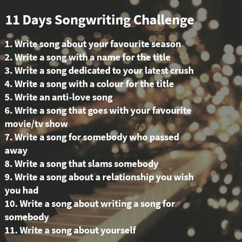 Created these prompts for 11 Days Songwriting Challenge Song Writing Inspo Ideas, Ideas For Songs Writing, Music Writing Prompts, Song Topics To Write About, How To Write Song Lyrics Tips, Lyric Writing Tips, Stage Name Ideas For Singers, Song Writing Challenge, Things To Write Songs About