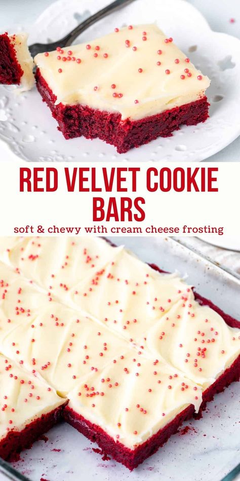 These red velvet cookie bars are soft and chewy with a delicious red velvet flavor and tangy cream cheese frosting. These cookie bars are essentially a big batch of red velvet sugar cookies. #redvelvet #cookiebars #creamcheesefrosting #redvelvetcookies #christmasrecipes #valentinesdayrecipes Red Velvet Cookie Bars, Velvet Desserts, Bars With Cream Cheese Frosting, Bars With Cream Cheese, Nut Rolls, Recipe Cookies, Red Velvet Cookies, Baking Fun, Dessert Bar Recipe