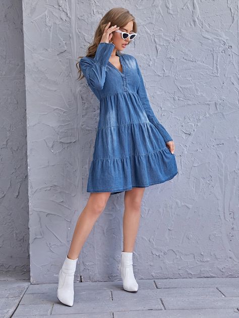 Flounce Sleeve Layered Hem Denim Dress | SHEIN Double Denim Looks, Vestidos Jeans, Denim Top Women, Frock Style, Dress With Embroidery, Womens Denim Dress, Denim Dresses, Autumn 2022, Embroidery Designs Fashion