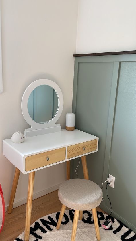 Modern White and natural wood vanity with round mirror in a girls room with green painted walls Girls Vanity Ideas Kids Bedroom, Kids Vanity Diy Girls Bedroom, Toddler Vanity Ideas, Girls Vanity Ideas Kids, Diy Kids Vanity, White Modern Vanity, Ivy Bedroom, Childrens Vanity, Kids Makeup Vanity