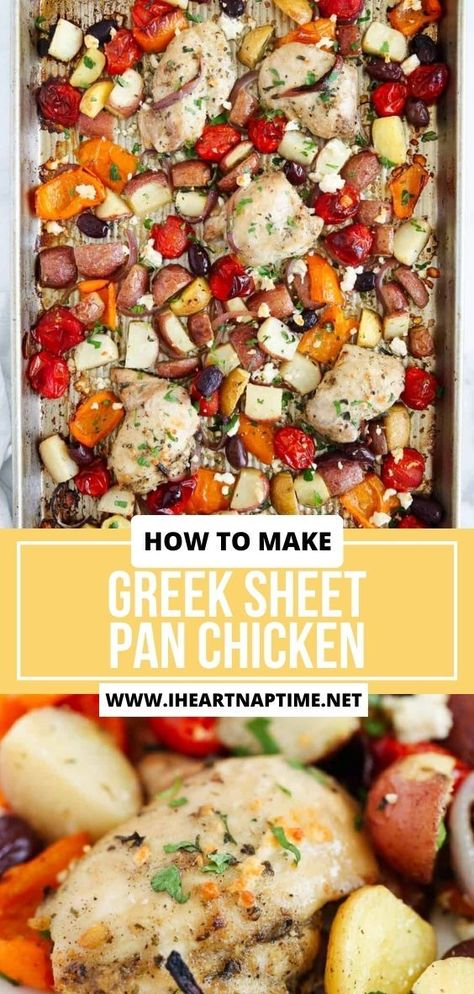 Greek Sheet Pan Chicken, Greek Sheet Pan, Asian Steak Bites, Creamy Pasta Bake, Greek Potatoes, Healthy Baked Chicken, Sheet Pan Dinners Chicken, Sheet Pan Chicken, I Heart Naptime