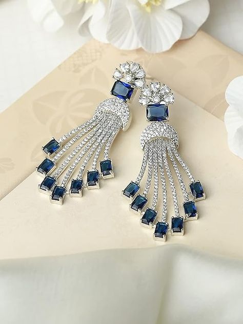 Premium Quality Material: These silver-plated Earrings are made of premium metal, blue stones, and American diamonds. Exported from the India to United States, Spain and United Kingdom, and many more countries across the globe. 😍😍Now available on Amazon Product: Imitation Jewellery You can order as much pieces as you want.😊 Argentium Silver Jewelry, Sapphire Earring, Diamond Earrings For Women, Bangles Jewelry Designs, Sapphire Wedding, Earring For Women, Sapphire Earrings, American Diamond, Design Silver