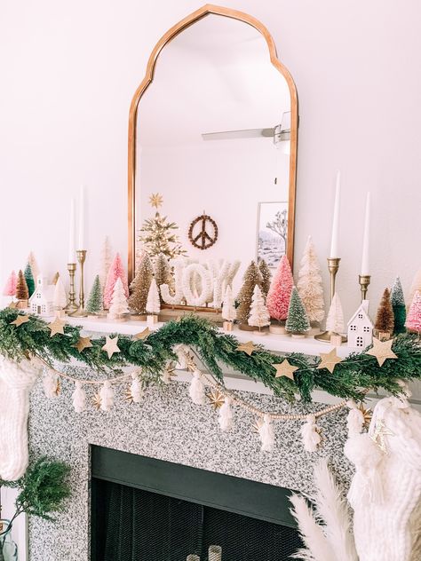 Blush Pink Christmas Decor, Dresser Decor Christmas, Bottle Brush Tree Mantle, New Years Mantle Decor, Pink Christmas Mantle Decor, Boho Christmas Mantle Decor, Boho Christmas Mantle, Christmas Desk Decor, Christmas Mantle Ideas