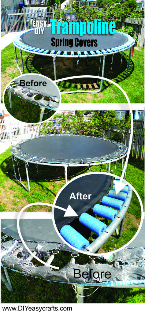 DIY Trampoline Spring cover pool noodle repair. www.DIYeasycrafts.com Diy Trampoline Spring Cover, Diy Trampoline Cover, Pool Noodle Trampoline, Diy Trampoline, Kids Gardening Projects, Trampoline Spring Cover, Yard Planning, Diy Backyard Movie, Noodle Crafts