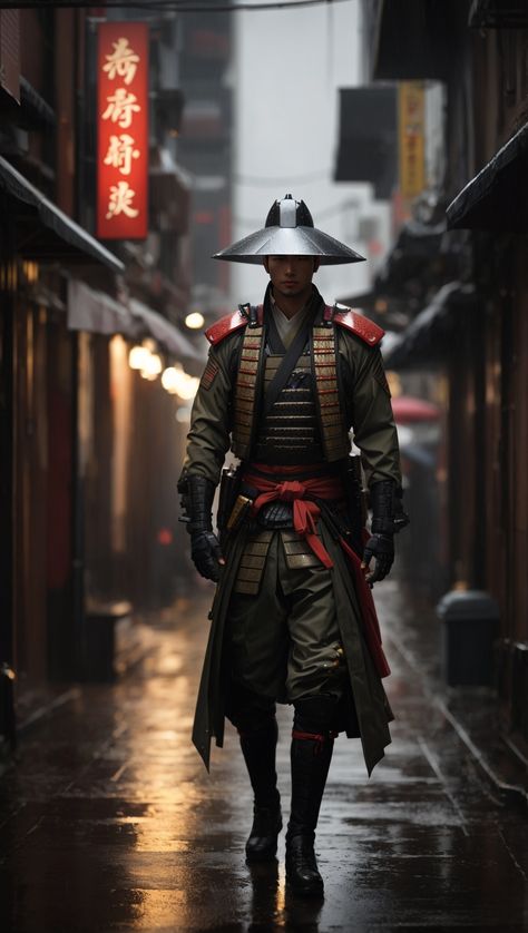 In a gloomy alley, a hybrid of a contemporary soldier and a samurai Samurai Soldier, Soldier Outfit, Dynasty Warriors Characters, Futuristic Samurai, Dynasty Warriors, Beautiful Images, Soldier, Mens Outfits, Quick Saves