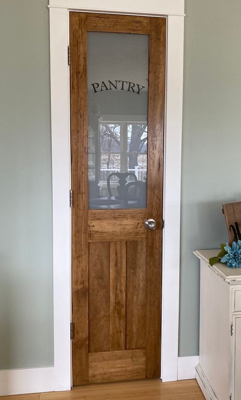 This is for a newly built custom pantry door. I can make any other sizes, colors and styles if you message me.  This is distressed by hand so no two are alike. Faux Glass Pantry Door, Pantry Door Frosted Window, Pantry Wood Door, Rustic Pantry Doors, Small Pantry Doors Ideas, Creative Pantry Doors, Pantry Door With Window, Custom Pantry Door, Small Farmhouse Pantry