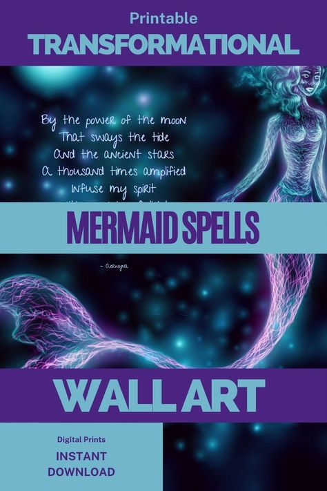 Printable wall art with celestial mermaids, each with a unique mermaid spell. Alluring mermaid printables celestial art. Become a mermaid using the powers of the moon and stars! Mermaid Spells That Actually Work, How To Become A Mermaid, Mermaid Poems, Celtic Wicca, Vampire Spells, Mermaid Spells, Moon Witchcraft, Mermaid Printables, Water Spells