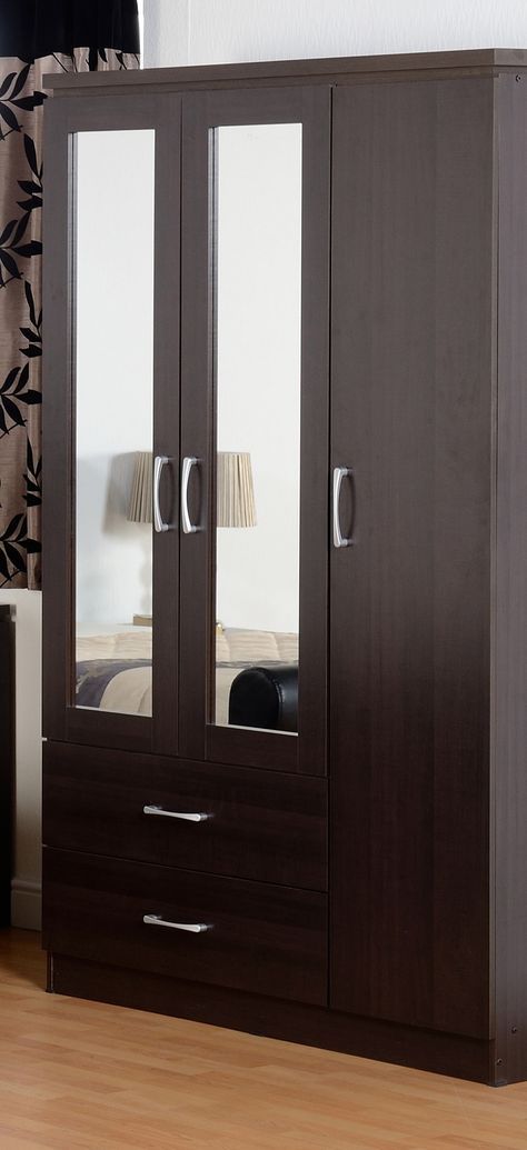 Three door wardrobe with double mirror Double Door Wardrobe Design Bedroom, 3door Wardrobe Design, Double Wardrobe Design, Wardrobe Design With Mirror, 3 Door Wardrobe Design, Apartment Furniture Layout, Three Door Wardrobe, Wall Wardrobe Design, Wooden Wardrobe Design