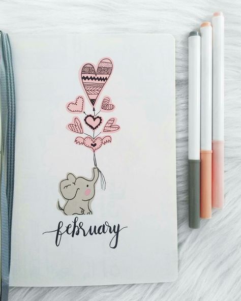 February Bujo Calendar, February Bujo Theme, Bujo Inspiration Themes, February Doodles, February Bujo Cover, Month Drawings, Bujo February, February Bujo, Journal February