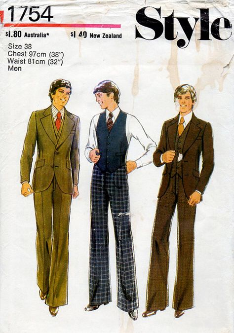 1970s Men's Suit Jacket, Waistcoat & Pants Vintage Sewing Pattern - Style 1754 Chest 38   Pinned by WhatnotGems 70s Mens Suits Menswear, Baggy Suits Men 90s, 1980 Suit Men, Retro Sewing Patterns Men, Modernist Fashion, 70s Men’s Suit, 1970s Mens Suit, 70s Queen, 1970's Hair