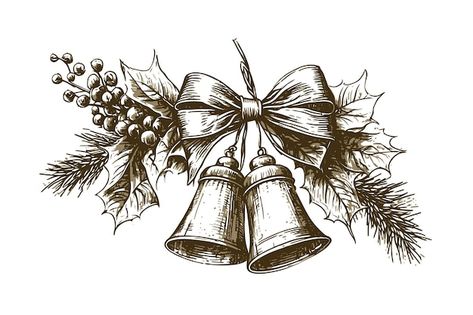 Vector bell with red bow bell on a pine ... | Premium Vector #Freepik #vector #school-bell #antique #retro-illustration #ribbon-background Christmas Drawing Ideas Pencil, Christmas Bells Drawing, Christmas Drawing Ideas, Xmas Bells, Bow Drawing, Elements Design, Sketch Style, Card Drawing, Ribbon Art