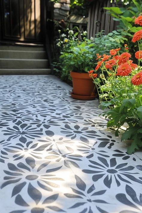 "Create a stunning outdoor retreat with a DIY Stenciled Concrete Patio! 🛠️🌿 Ideal for adding a touch of artistry to your backyard. 🌟✨ #ConcreteDesign #DIYOutdoor #PatioInspiration" Outdoor Concrete Paint, Stenciled Patio, Concrete Paint, Front Yard Garden Design, Porch Makeover, Youve Been, Painted Concrete Porch, Backyard Pool Landscaping, Diy Backyard Landscaping