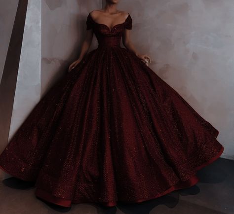 Wine Colored Wedding Dress, Burgundy Princess Dress, Dark Red Poofy Dress, Dark Red Quncie Dresses, Red Ball Gowns Princess Fairytale, Harry Potter Quinceanera Dress, Royal Ball Prom Dress, Red Ball Gown Aesthetic, Dark Red Wedding Dress Brides