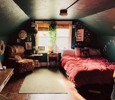 Dark Green Attic Bedroom, Green Attic Room, Attic Room Ideas Cozy Spaces, Small Attic Ideas Low Ceilings, Attic Bedroom Ideas Angled Ceilings, Low Ceiling Attic Bedroom, Cozy Attic Bedroom, Low Ceiling Attic, Attic Bedroom Ideas