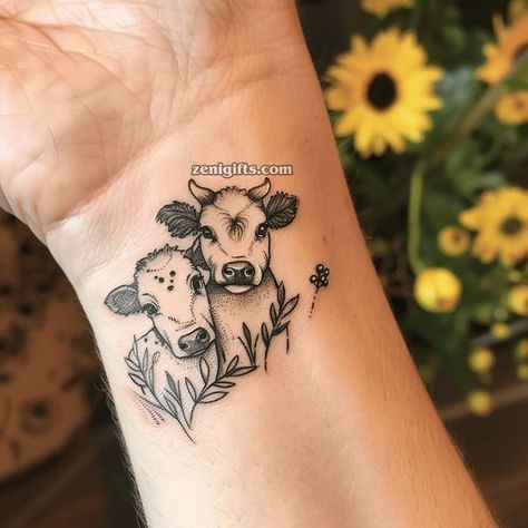 I Love Cows Fluffy Cow Tattoo Small, Cow Tatoos Cute, Farm Tatoos Ideas, Cow Hoof Tattoo, Cow Sleeve Tattoo, Cow And Sunflower Tattoo, Cute Cow Tattoo Ideas, Cute Country Tattoos For Women, Cow Tattoo Small Simple