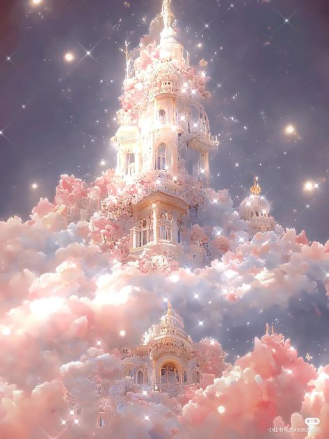 Dream Castle, Clouds And Stars, Pink Castle, Castle Aesthetic, Dreamy Artwork, Fantasy Castle, Fantasy Places, Fairytale Art, Fantasy Art Landscapes