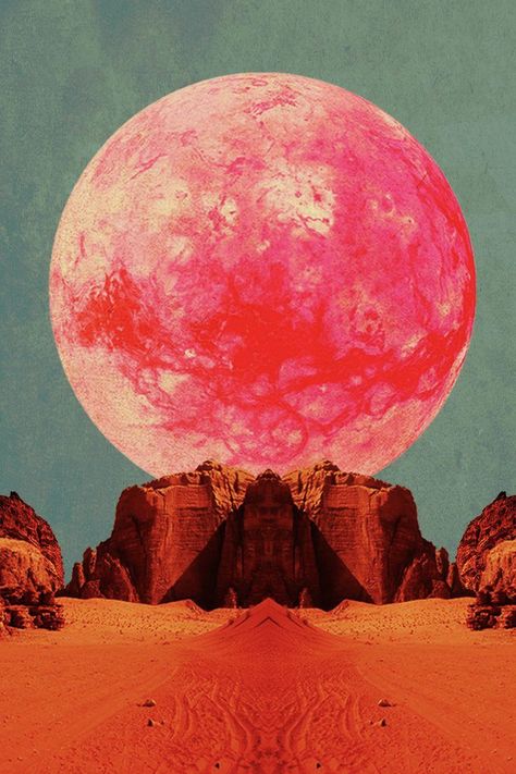 Foto Muro Collage, Moon In The Sky, Art Trippy, Collage Mural, Pink Desert, Psy Art, Red Moon, Pink Moon, Harvest Moon