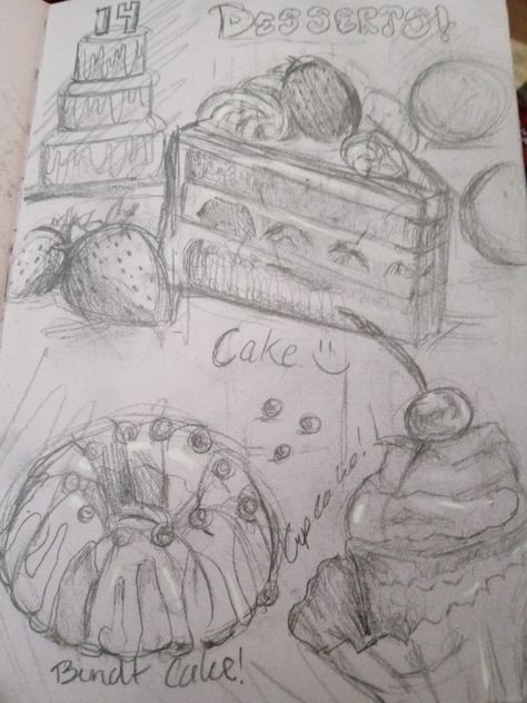 Milkshake Sketch, Sweets Sketch, Baked Goods Drawing, Baking Sketch, Sketch Book Food, Piece Of Cake Drawing, Dessert Sketch, Drawings Of Food, Cake Sketch Drawings