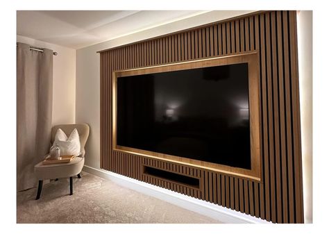 Media Wall Ideas: Style Your TV with SlatWall | Naturewall Tv Wall Design Living Room Wood, Slat Media Wall, Tv With Sound Bar On Wall, Tv Wooden Panel Tv Walls, Tv Slat Wall, Panel Media Wall, Slat Wall Tv, Slat Wall Ideas, Media Wall Ideas