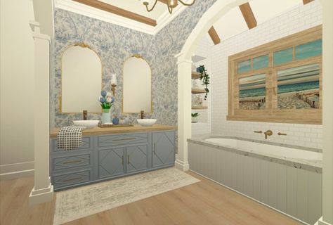 Bloxburg Beach Bathroom Ideas, Beach House Color Palette Bloxburg, Bathroom Ideas For Bloxburg, Costal Bathroom Bloxburg Ideas, Coastal Teen Bathroom Bloxburg, Coastal Pantry Bloxburg, Bloxburg Beach House Bathroom Ideas, Small Coastal Bloxburg House, Coastal House Plans Bloxburg