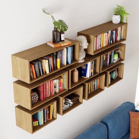 White Oak Floating Bookshelf / Storage Cabinet - Etsy Modern Floating Shelves Living Room, Housing Aesthetic, Floating Furniture, White Oak Furniture, Hanging Bookshelves, Maple Furniture, Cherry Furniture, Simple Bookshelf, Floating Bookshelf