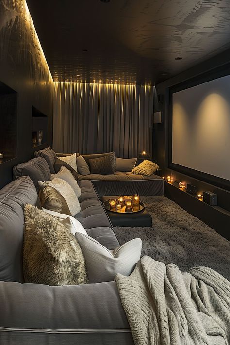 22 Inspiring Small Theatre Room Ideas - Remodr Movie Theater Style Living Room, Narrow Cinema Room, Media Room Interior Design, Home Theatre Color Scheme, Black Wall Movie Room, Small Living Room Basement, Movie Theater Loft Ideas, Tiny Media Room Ideas, Movie Room Bedroom