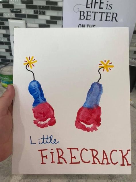 Red White And Blue Infant Crafts, Fire Cracker Footprint Art, Fourth Of July Crafts For Kids Footprint, Infant Crafts Daycare Summer 4th Of July, Forth Of July Baby Crafts, Cute Handprint Crafts, Baby’s First Fourth Of July Crafts, 4th Of July Infant Activities, Little Firecracker Footprint