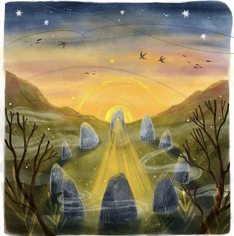 Solstice Art, Folk Illustration, Naive Illustration, Summer Illustration, Standing Stone, Landscape Illustration, Ancient Symbols, Summer Solstice, Happy Summer