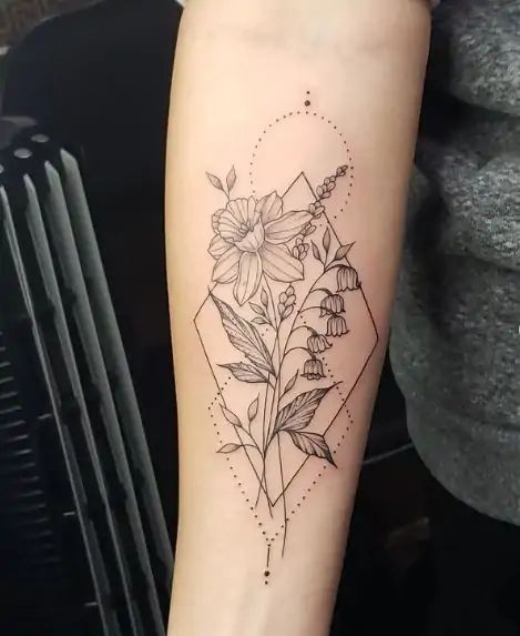 Geometric Flower Bouquet Tattoo, Geometric Daffodil Tattoo, Forearm Line Tattoos For Women, Geometric Family Tattoo, Geometrical Flower Tattoo, Naricuss Flower Tattoo, Geometric Tattoo Flower, Marigolds Tattoo, Fine Line Geometric Tattoo