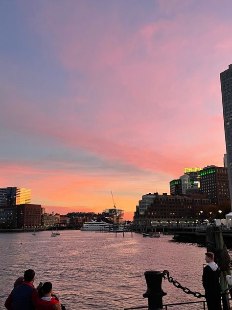 sunset over the boston harbor. there are many colors including pink, purple, orange, blue, and yellow. Boston Harbor Aesthetic, Boston Life, Boston Living, Boston Aesthetic, American Aesthetic, Boston Vacation, 2023 Mood, Moving To Boston, Life After College